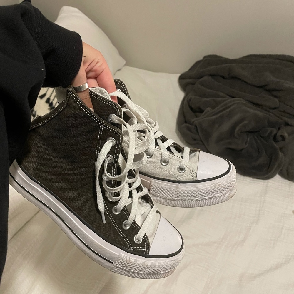 brown and white platform converse